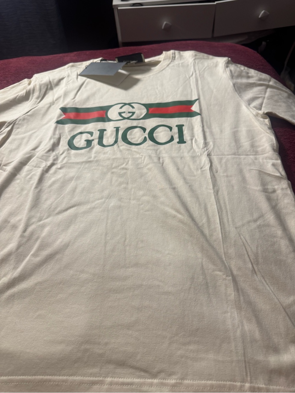 Gucci Men's Cream Tee with Green and Red Web Stripe